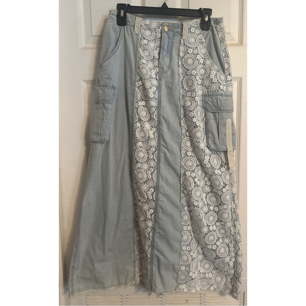 Women's POL Light Blue & White Lace Maxi Skirt